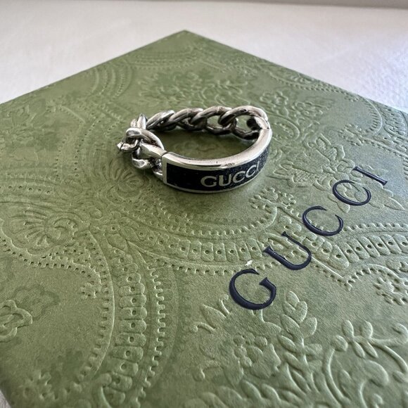 New Gucci Logo Chain Ring Silver Black Enamel Sz 12 IT 6 US - Picture 9 of 10